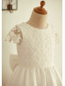 Cap Sleeves Ivory Lace Cotton Tea Length Flower Girl Dress 